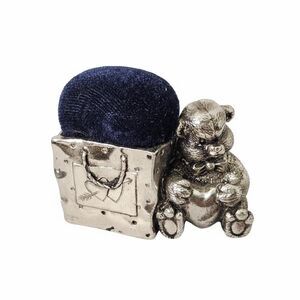 Vintage Teddy Bear Velvet Pin Cushion, Silver Tone Sewing Decor